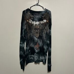 Departed Men's Thermal Shirt XXL Black Tie Dye Long Sleeve Graphic Skull Wing